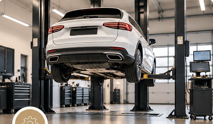 Ein Fahrzeug auf einer Hebebühne in einer Werkstatt
